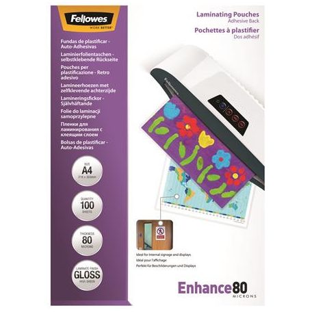 FELLOWES Meleglamináló fólia, 80 mikron, A4, fényes, öntapadó, 100 db, FELLOWES