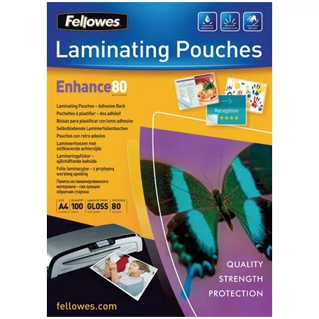 FELLOWES Meleglamináló fólia, 80 mikron, A4, fényes, öntapadó, 100 db, FELLOWES