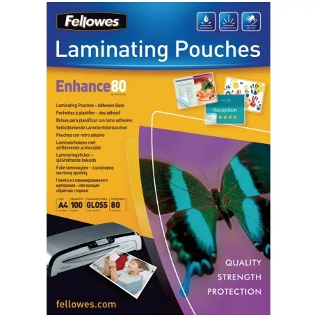 FELLOWES Meleglamináló fólia, 80 mikron, A4, fényes, öntapadó, 100 db, FELLOWES