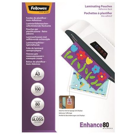 FELLOWES Meleglamináló fólia, 80 mikron, A3, fényes, öntapadó, 100 db, FELLOWES