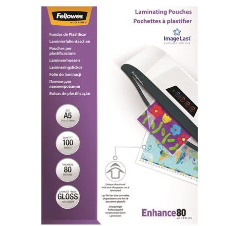 FELLOWES Meleglamináló fólia, 80 mikron, A5, fényes, 100 db, FELLOWES