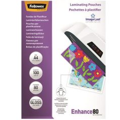  FELLOWES Meleglamináló fólia, 80 mikron, A4, fényes, 100 db, FELLOWES
