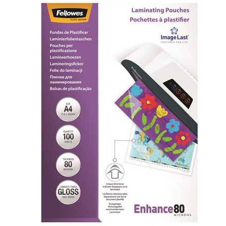 FELLOWES Meleglamináló fólia, 80 mikron, A4, fényes, 100 db, FELLOWES