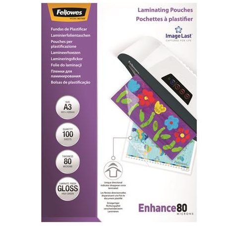 FELLOWES Meleglamináló fólia, 80 mikron, A3, fényes, 100 db, FELLOWES