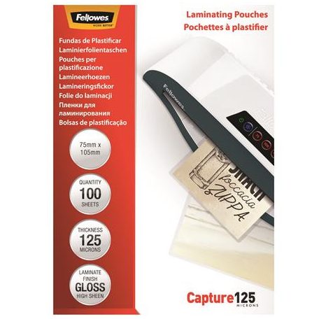 FELLOWES Meleglamináló fólia, 125 mikron, 75x105 mm, fényes, 100 db, FELLOWES