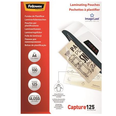 FELLOWES Meleglamináló fólia, 125 mikron, A4, fényes, 100 db, FELLOWES