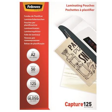 FELLOWES Meleglamináló fólia, 125 mikron, A2, fényes, 50 db, FELLOWES