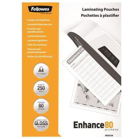 FELLOWES Meleglamináló fólia, 80 mikron, A4, fényes, 250 db, FELLOWES