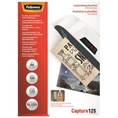   FELLOWES Meleglamináló fólia, 125 mikron, A4, fényes, öntapadó, 100 db, FELLOWES