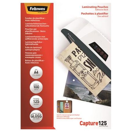 FELLOWES Meleglamináló fólia, 125 mikron, A4, fényes, öntapadó, 100 db, FELLOWES