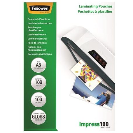 FELLOWES Meleglamináló fólia, 100 mikron, A5, fényes, 100 db, FELLOWES