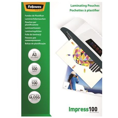 FELLOWES Meleglamináló fólia, 100 mikron, A3, fényes, 100 db, FELLOWES