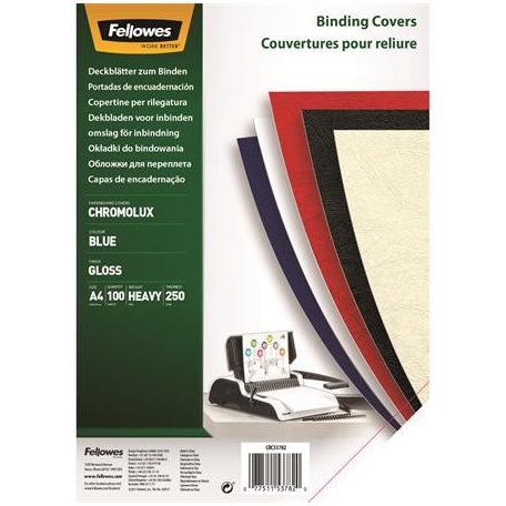 FELLOWES Hátlap, A4, 250 g, fényes, FELLOWES "Chromolux", kék