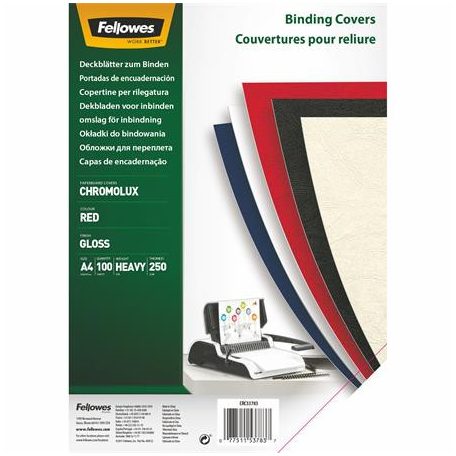 FELLOWES Hátlap, A4, 250 g, fényes, FELLOWES "Chromolux", piros