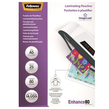 FELLOWES Meleglamináló fólia, 80 mikron, A5, fényes, 25 db, FELLOWES
