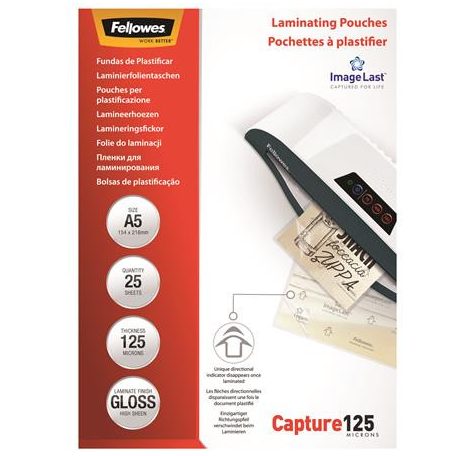 FELLOWES Meleglamináló fólia, 125 mikron, A5, fényes, 25 db, FELLOWES