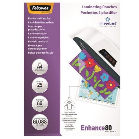 FELLOWES Meleglamináló fólia, 80 mikron, A4, fényes, 25 db, FELLOWES