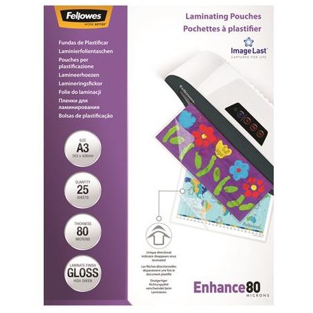 FELLOWES Meleglamináló fólia, 80 mikron, A3, fényes, 25 db, FELLOWES