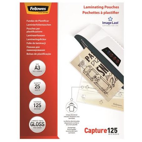 FELLOWES Meleglamináló fólia, 125 mikron, A3, fényes, 25 db, FELLOWES