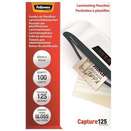 FELLOWES Meleglamináló fólia, 125 mikron, 60x90 mm, fényes, 100 db, FELLOWES