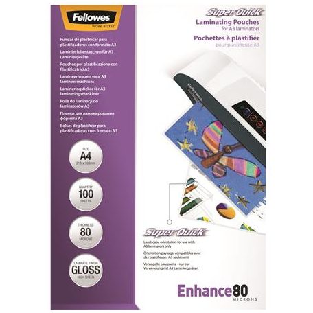 FELLOWES Meleglamináló fólia, 80 mikron, A4, SuperQuick, fényes, 100 db, FELLOWES