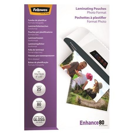 FELLOWES Meleglamináló fólia, 80 mikron, 100x150 mm, fényes, 25 db, FELLOWES