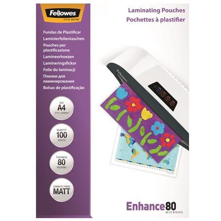 FELLOWES Meleglamináló fólia, 80 mikron, A4, matt, 100 db, FELLOWES