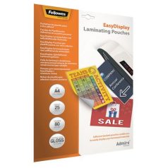   FELLOWES Meleglamináló fólia, 80 mikron, A4, fényes, öntapadó, 25 db, FELLOWES "Admire Easy Display"