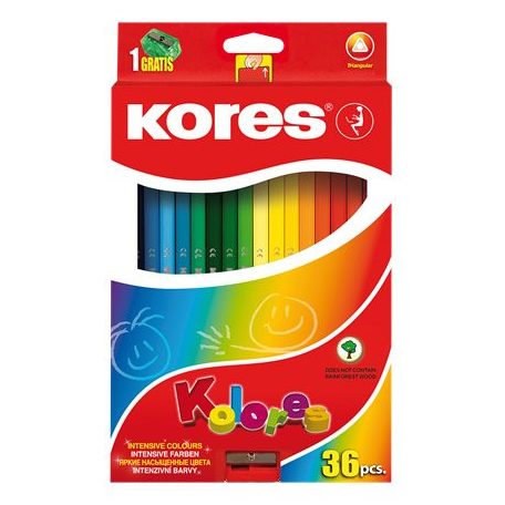 KORES Színes ceruza készlet, háromszögletű, KORES "Triangular", 36 különböző szín