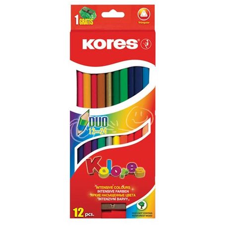 KORES Színes ceruza készlet, kétvégű, háromszögletű, KORES "Duo", 24 különböző szín