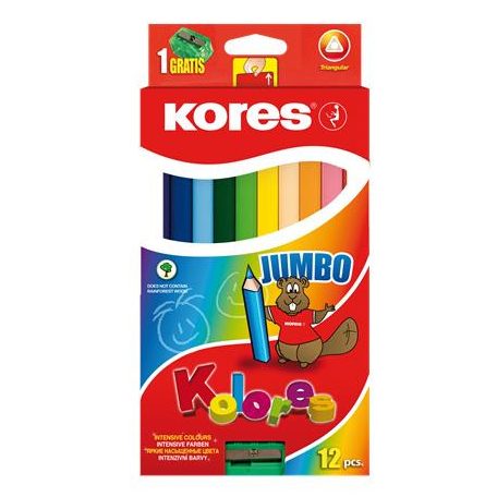 KORES Színes ceruza készlet, háromszögletű, vastag, KORES "Jumbo", 12 különböző szín