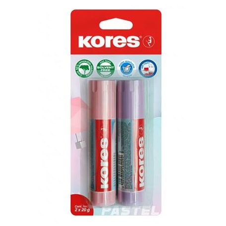 KORES Ragasztóstift, pasztell színű tokban, 2x20 g, KORES, vegyes színek