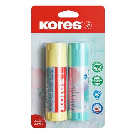 KORES Ragasztóstift, pasztell színű tokban, 2x40 g, KORES, vegyes színek