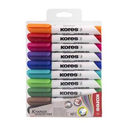 KORES Tábla- és flipchart marker készlet, 3 mm, kúpos, KORES "K-Marker XW1", 10 különböző szín
