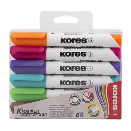 KORES Tábla- és flipchart marker készlet, 1-3 mm, kúpos, KORES "K-Marker", 6 különböző szín