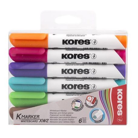 KORES Tábla- és flipchart marker készlet, 3-5 mm, vágott, KORES "K-Marker XW2", 6 különböző szín