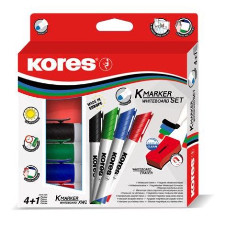 KORES Tábla- és flipchart marker készlet mágneses táblatörlő szivaccsal, 1-3 mm, kúpos KORES, 4 különböző szín