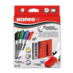   KORES Tábla- és flipchart marker készlet mágneses táblatörlő szivaccsal, 3-5 mm, vágott, KORES "XW2", 4 különböző szín