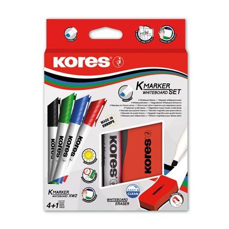 KORES Tábla- és flipchart marker készlet mágneses táblatörlő szivaccsal, 3-5 mm, vágott, KORES, 4 különböző szín