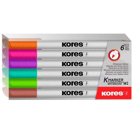 KORES Tábla- és flipchart marker készlet, 1-3 mm kúpos, KORES "K-Marker", 6 különböző szín