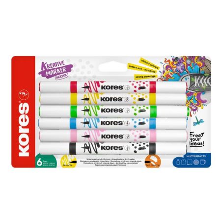 KORES Dekormarker készlet, akril, 1-2 mm, kétvégű, KORES " K-Kreative", 6 különböző szín