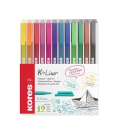   KORES Tűfilc készlet, 0,4 mm, KORES "K-Liner", 12 különböző szín