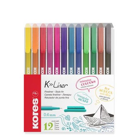 KORES Tűfilc készlet, 0,4 mm, KORES "K-Liner", 12 különböző szín