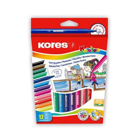KORES Filctoll készlet, kimosható, KORES "Korellos", 12 különböző szín