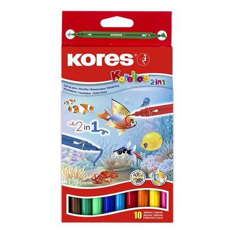 KORES Filctoll készlet, 1-3 mm, kétvégű, kimosható, KORES "Korellos 2in1", 10 különböző szín