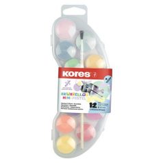   KORES Vízfesték, 12 darabos, 25 mm, ecsettel, KORES "Akuarellos Mini", pasztell színek