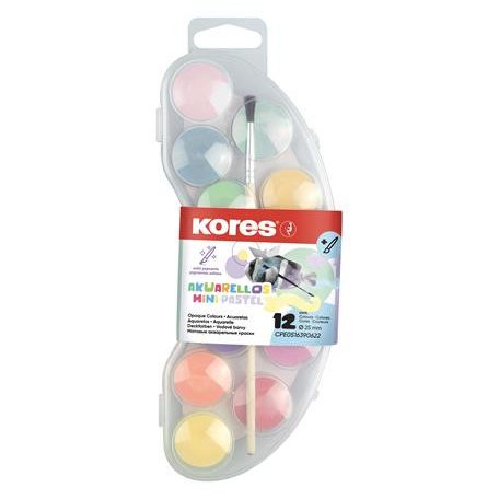 KORES Vízfesték, 12 darabos, 25 mm, ecsettel, KORES "Akuarellos Mini", pasztell színek