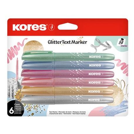 KORES Szövegkiemelő készlet, 3-5 mm, KORES "Glitter", 6 különböző csillámos szín