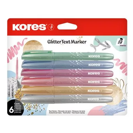 KORES Szövegkiemelő készlet, 3-5 mm, KORES "Glitter", 6 különböző csillámos szín