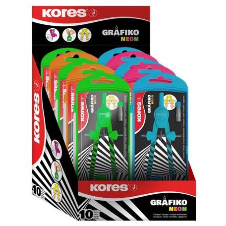 KORES Körző készlet, precíziós, 3 darabos, KORES "Grafiko Neon", vegyes színek
